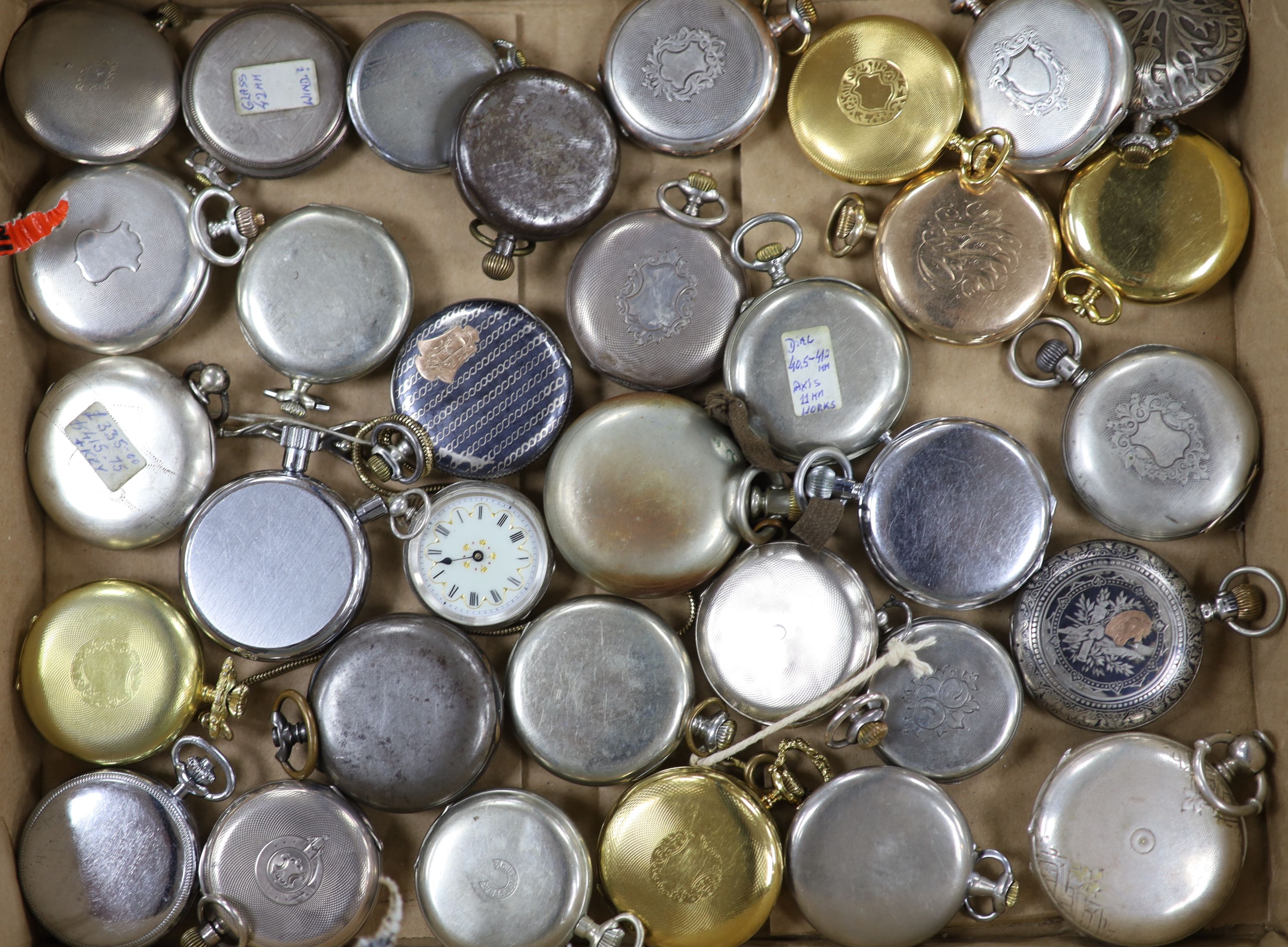 A collection of assorted white metal, base metal and gold plated mainly pocket watches, including Longines, Hebdomas, Zenith and Calibri.